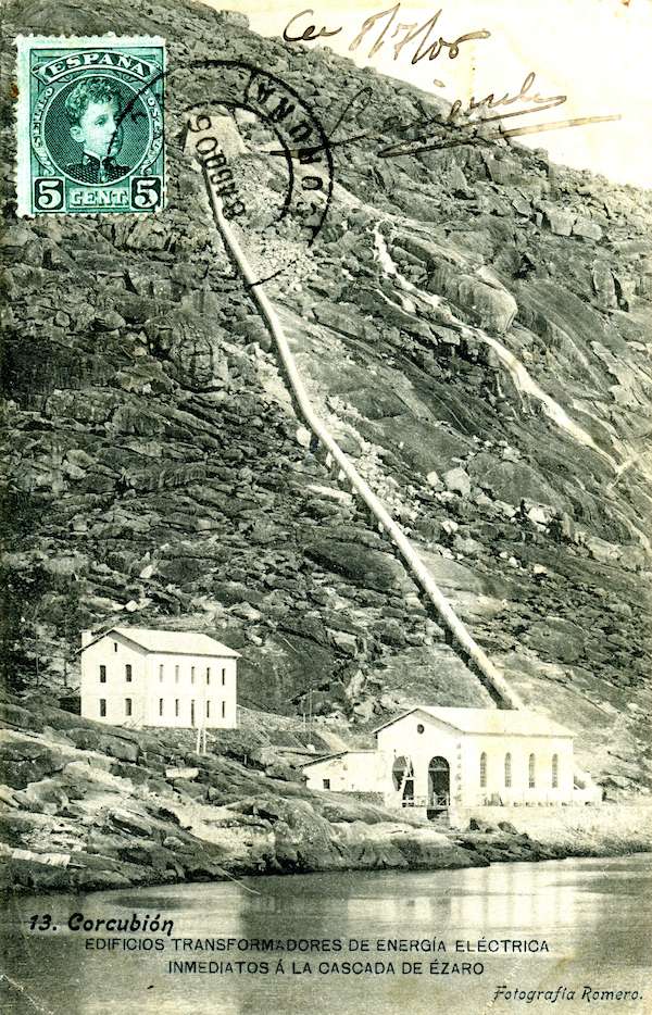 A central hidroeléctrica do Ezaro nunha postal de 1905. Lacoste (Madrid- Fotografía de Manuel Romero