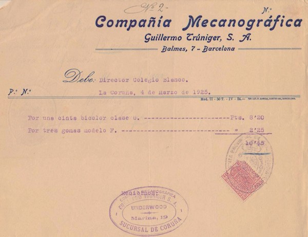 FACTURA DE 1925 da Maquina de Escribir Underwood a Fernando Blanco