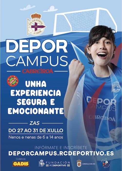 Rebeca Facal, presidenta do CD Baio; Pablo Barros, coordinador das actividades formativas da Fundación Real Club Deportiva da Coruña; Manuel Muíño Espasandín, Alcalde de Zas; Chema Rey, presidente do CD Concello de Zas; e Manuel Corzón, adestrador do CD Concello de Zas, na presnetación do Deporcampus Zas 2020