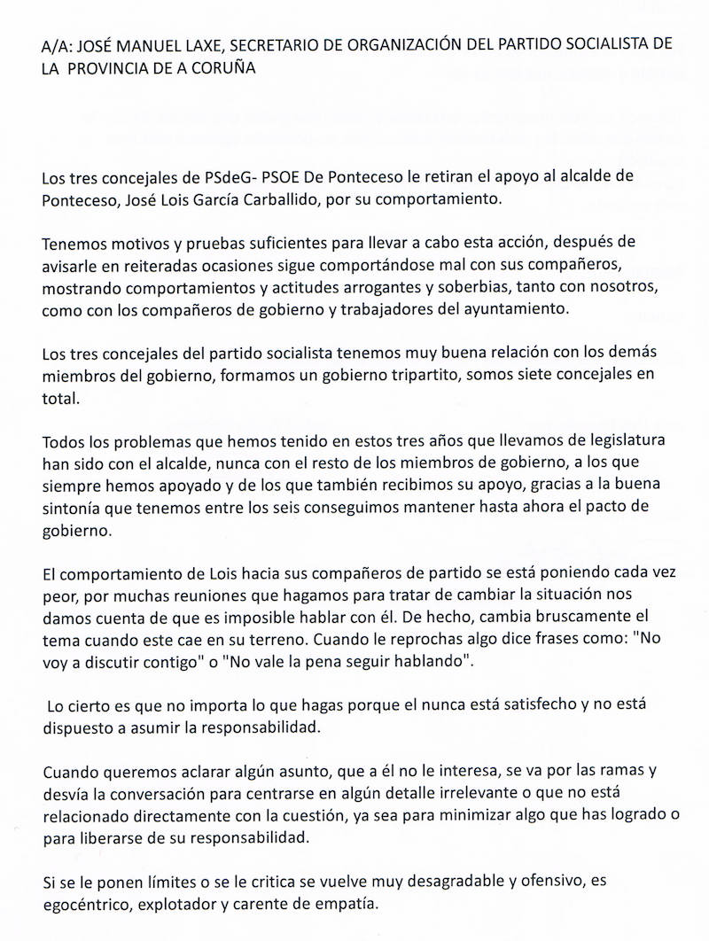 Carta de ex edis de Ponteceso a PSOE Provincial 1