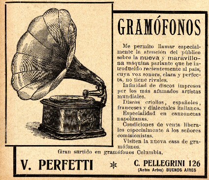 Publicidade de venda de gramófonos na revista PBT (Bos Aires). 1908
