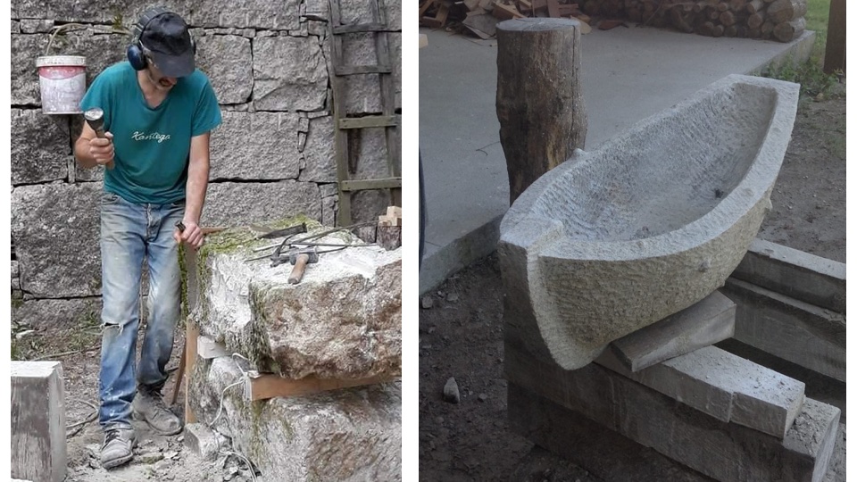 Francisco Remiseiro creando unha barca de pedra