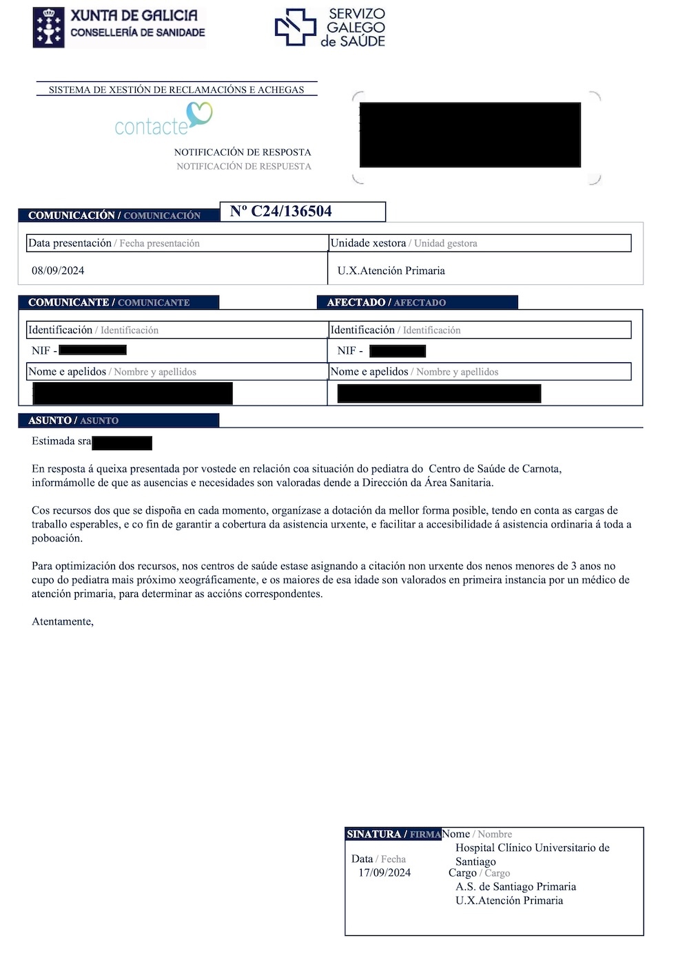Respuesta Expediente Sergas a familias de Carnota