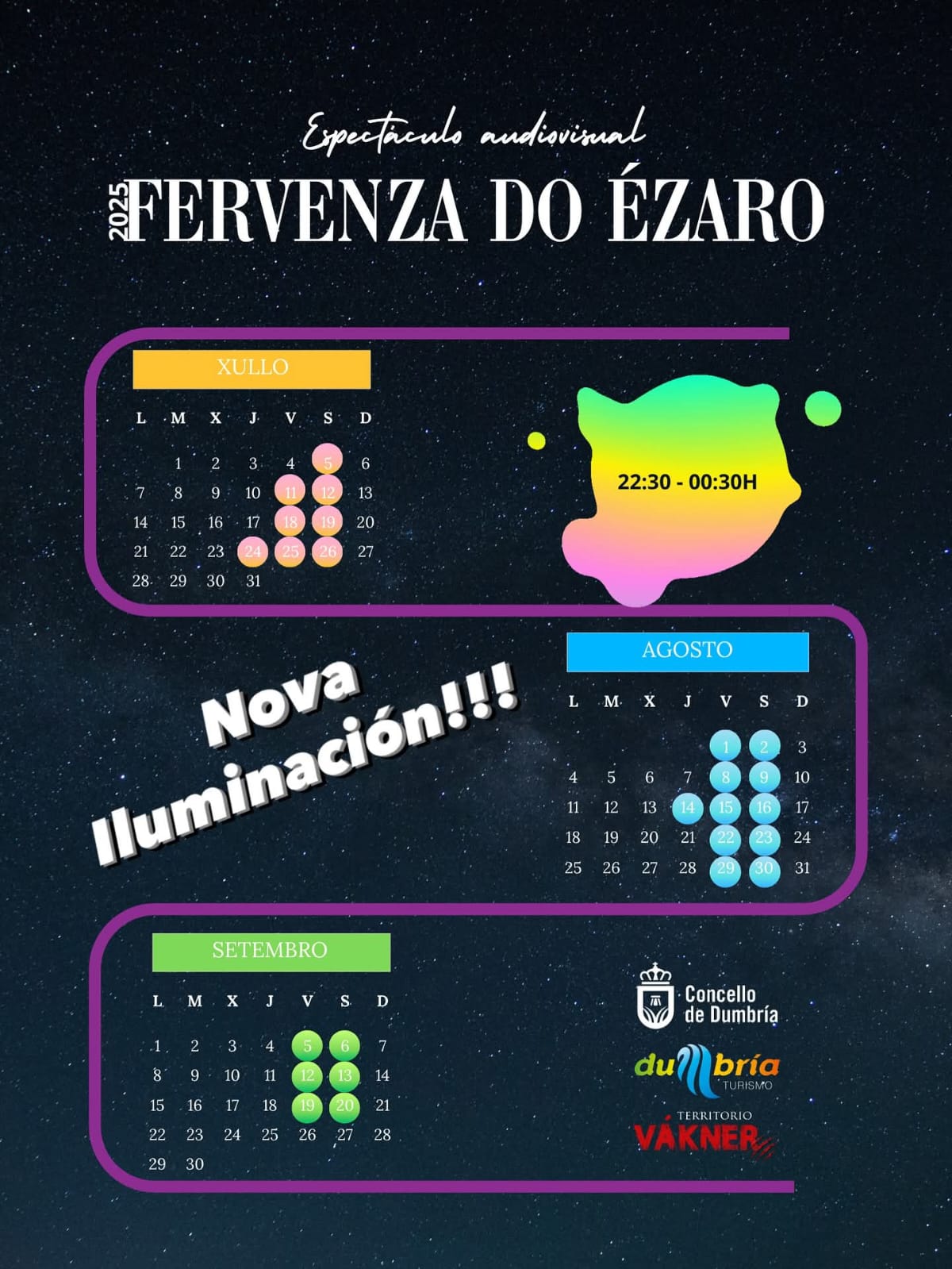 Horarios de iluminación nocturna da Fervenza do Ézaro durante xullo, agosto e setembro