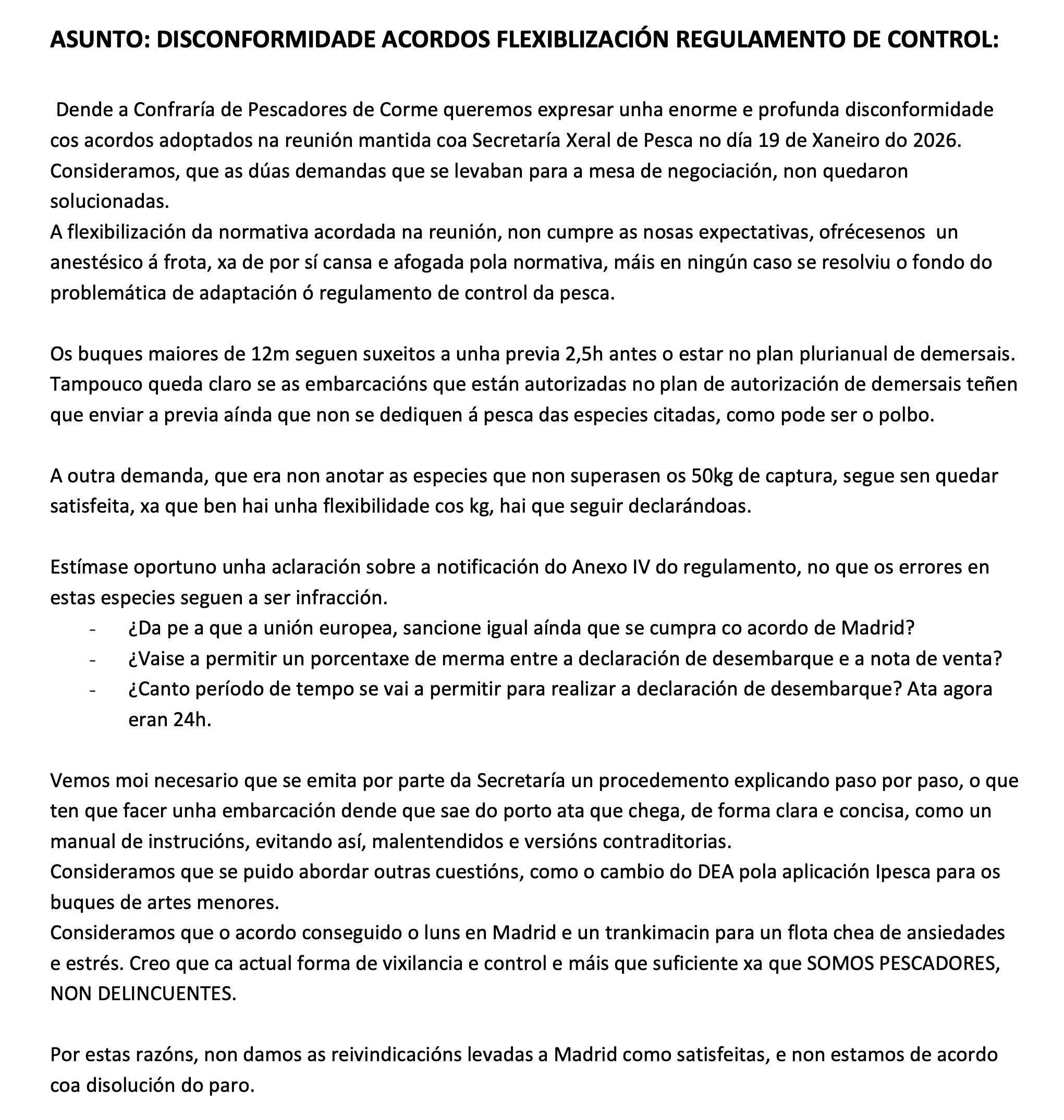 Informe disconformidade desconvocatoria folga mar