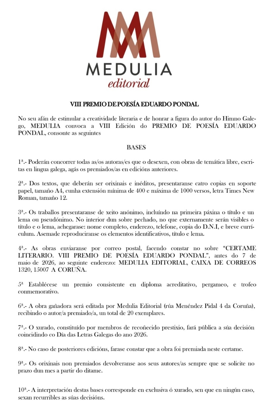 Bases do Premio de Poesia Eduardo Pondal 2026