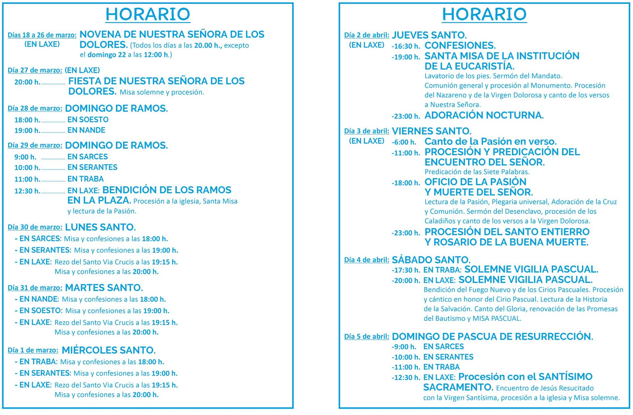 Programa lliturxico-Horarios  procesions Semana Santa Laxe 2026