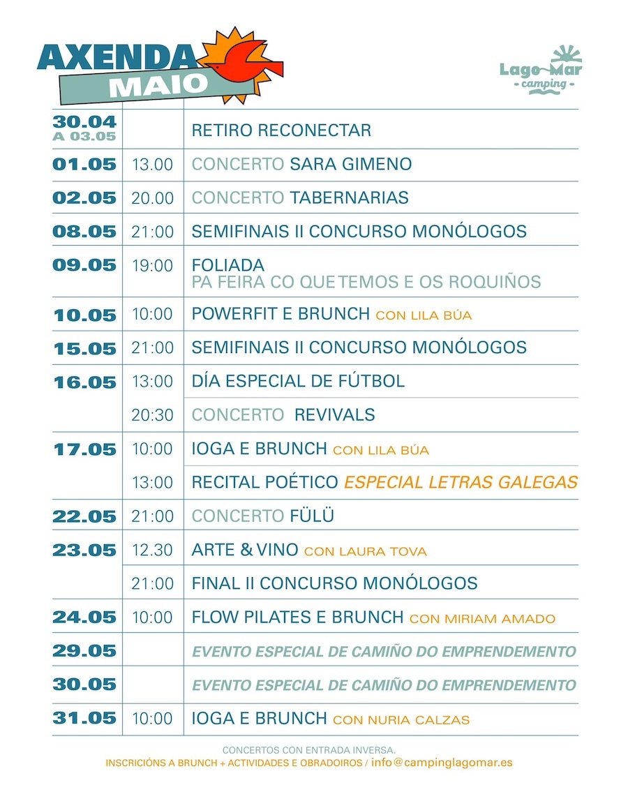 Axenda no Mes de Maio no Camping Lago mar