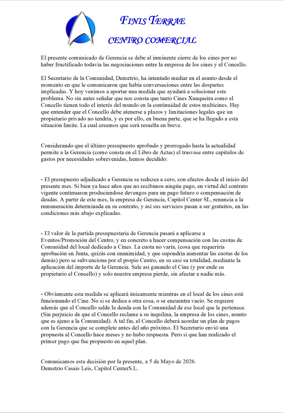 Comunidado Finis Terrae Centro Comercial Cee
